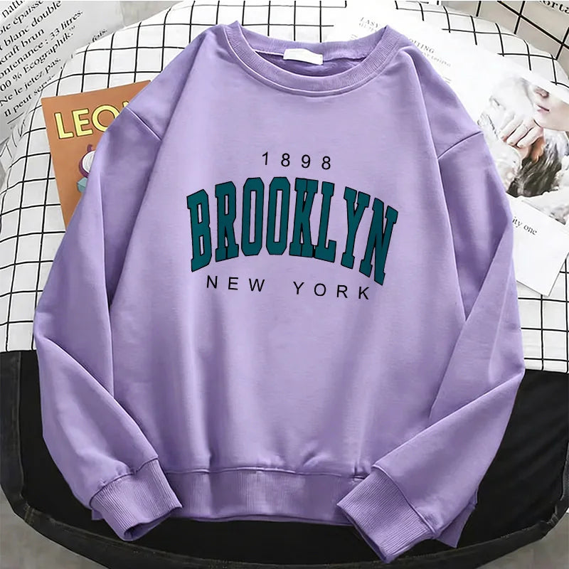 Womens Hoodies Fashion Y2k 1898 BROOKLYN NEW YORK Fleece Sweatshirt Soft Casual O-Neck Pullover Casual Female Clothes