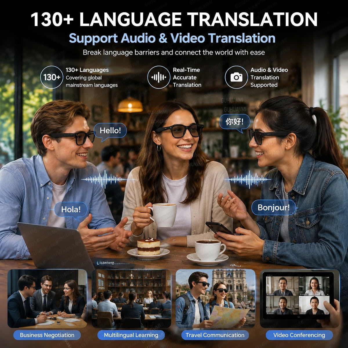 2026 AI Smart Glasses 13MP POV Camera Real-Time Translation, Live Streaming, Voice Assistant, Open-Ear Audio for Business Travel