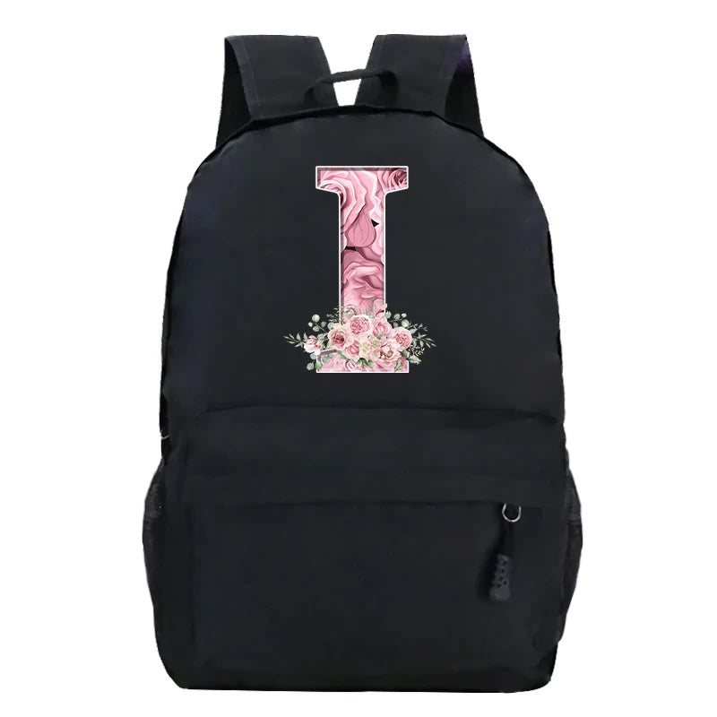 Pink Rose Alphabet Backpack Black Casual Women Aesthetics Rucksack Teenage Girl Boy Flower Letter School Bag Student Mochilas