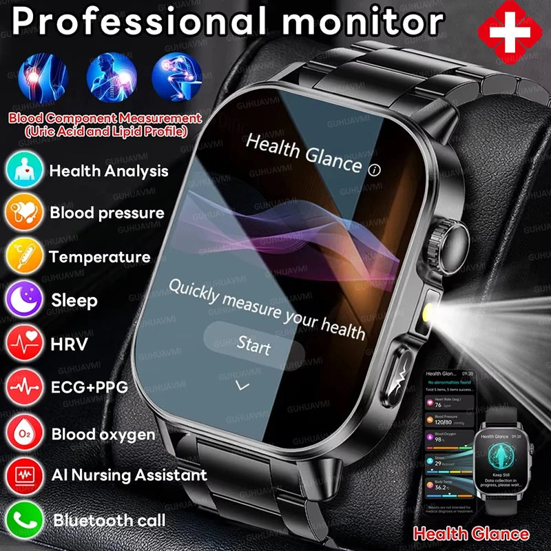 Nursing Grade New ECG+PPG Three High Diagnose Smart Watch Men Blood Lipid Blood Pressure Uric Acid Health Tracker HD Call Watche