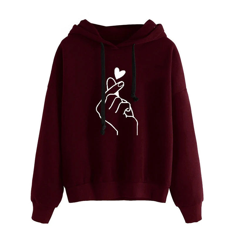 Plus Size Fleece Hoodie Solid Color Finger Heart Hooded Korean Fashion Sweatshirts Long Sleeve Drawstring Pockets Loose Hoodies