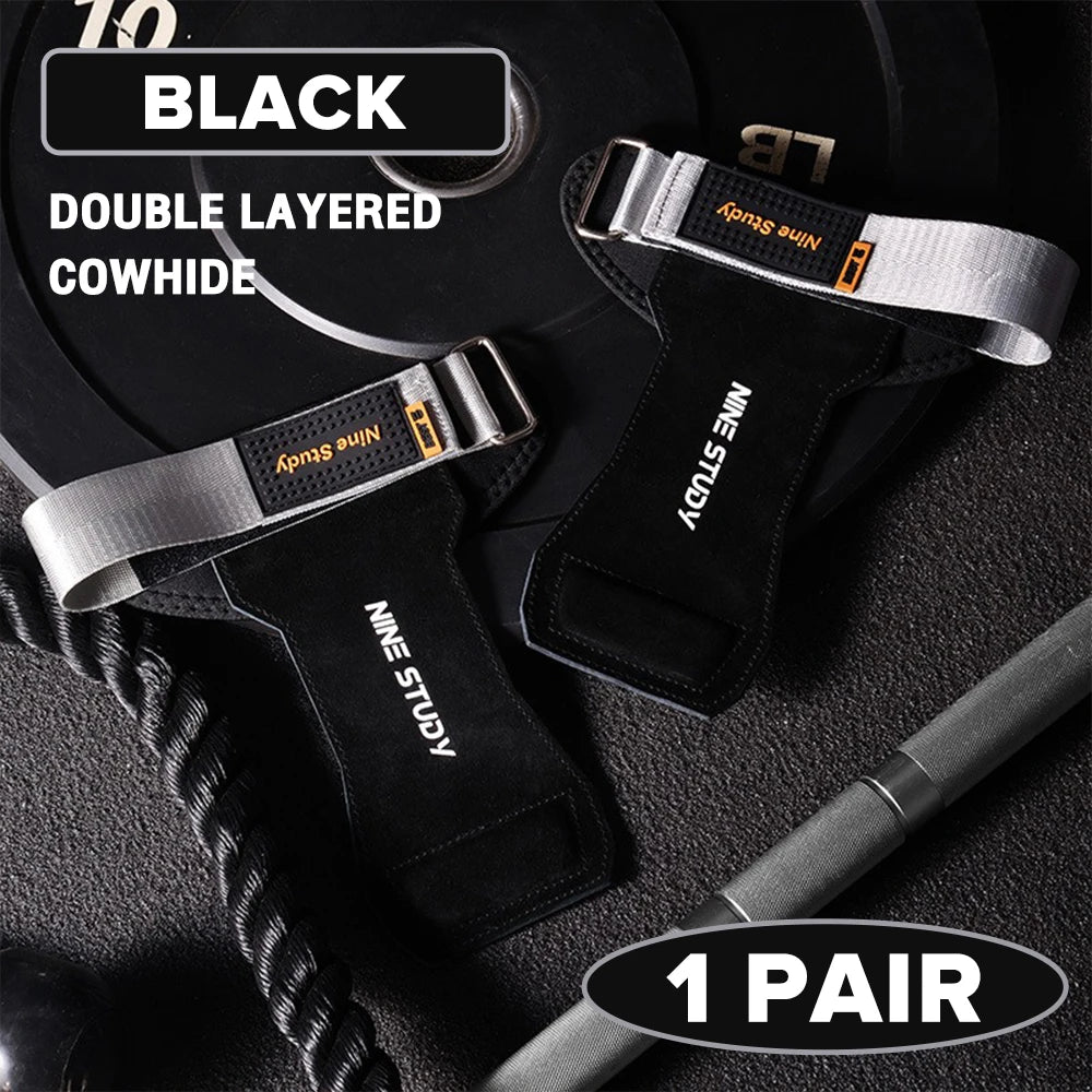 1 Pair Premium Anti-Slip Wrist Wrap Lifting Straps Grips Fitness Gloves for Gym Training Deadlifting 3 Layer Leather