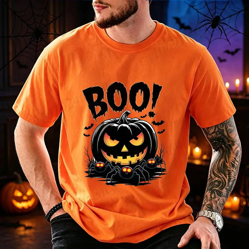 Men Halloween Boo Pumpkin Print T‑Shirt O‑Neck Casual Tee Spooky Spider Bat Graphic Tops Holiday Party Streetwear Men Clothing