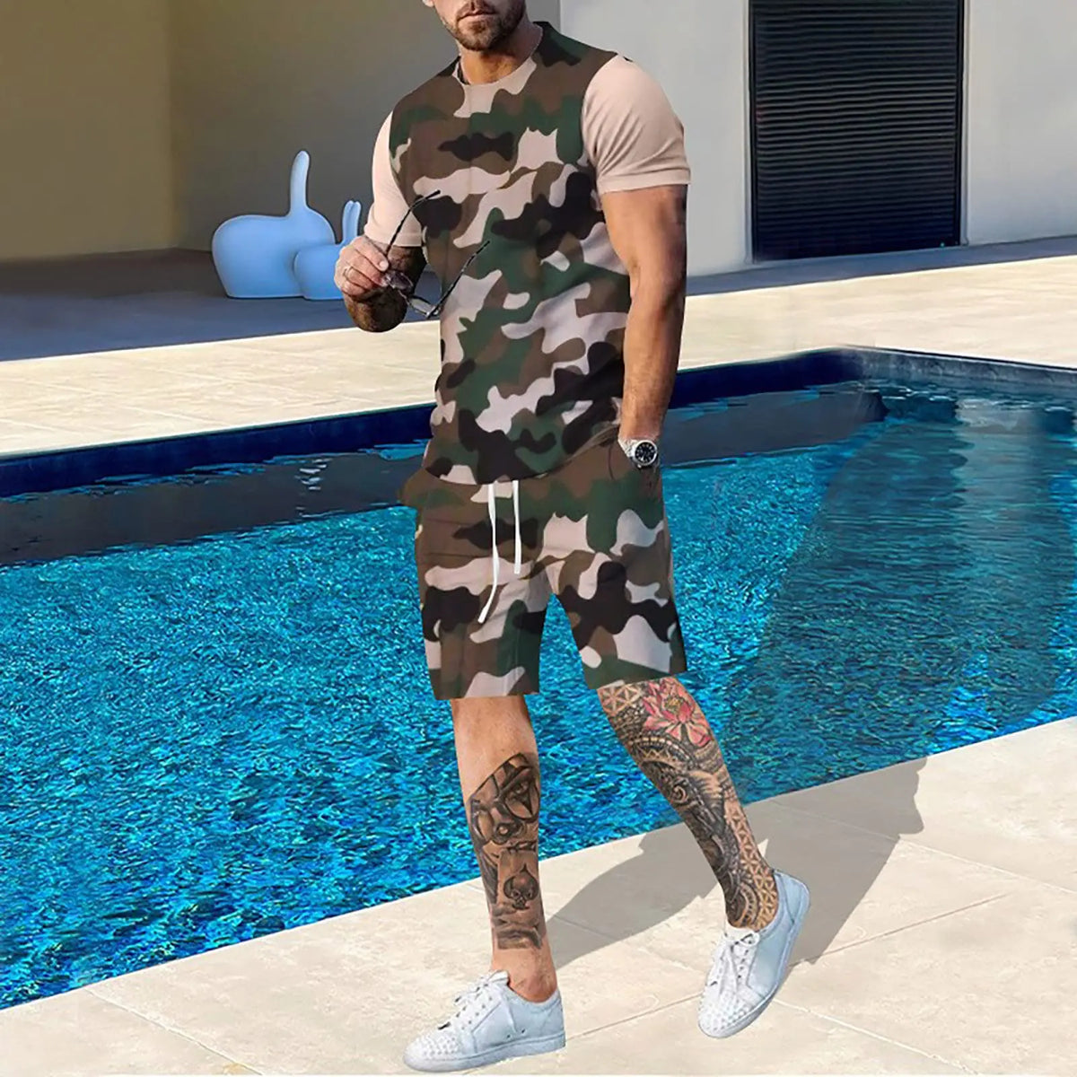 Summer Men Camouflage T shirt Set 3D Print Men's Tracksuit Suit Outdoor Camping Hunting Oversized Casual Tee Shorts 2PCS Outfits