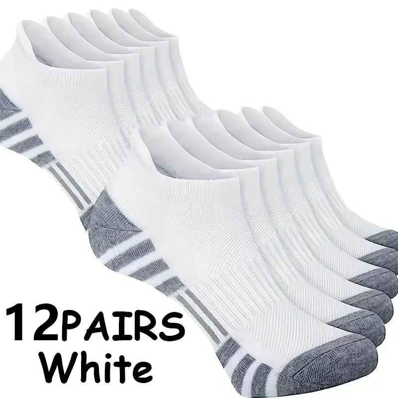 12Pairs Men Black White Grey Towel Bottom Sweat Absorbent Anti Odor Breathable Non Slip Ear Loop Short Socks For Running Sport
