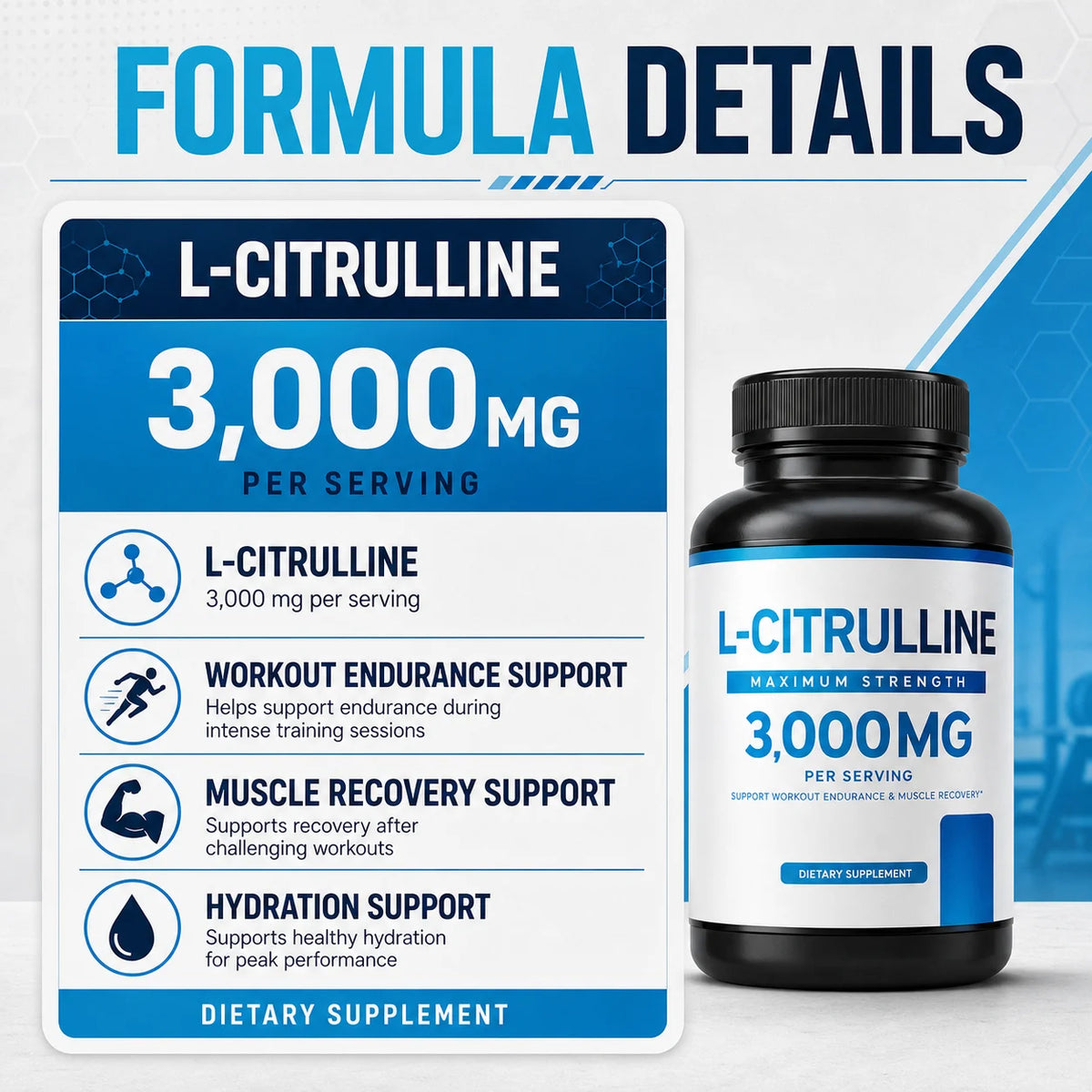 L-Citrulline 3000mg Supplement for Men & Women Vegan Non-GMO Amino Acid Sports Support for Workout Pump Muscle Recovery 60CT