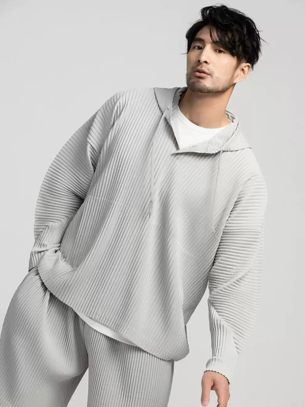 Pleats Pleated Hoodies For Men Black Hoodie 2025 Solid Color Coat Breathable Loose Drawstring Casual Top Man Clothing