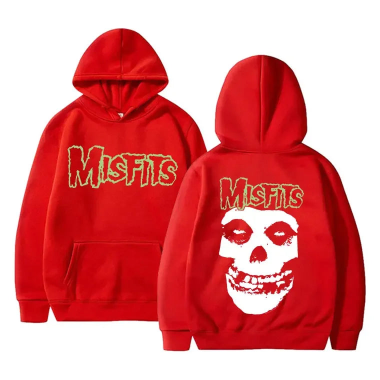 2025 Horror Punk Misfits Skull Graphic Print Hoodie Men Gothic Vintage Loose Fleece Cotton Hooded Sweatshirt Rock Style Pullover