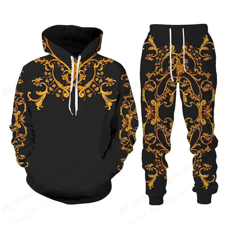 Mens Two Piece Hoodie Pant Sets Golden Pattern 3d Print Sets Men Women Fashion Hoodie+Pant 2 Piece Suit Sports Tracksuit Comfort