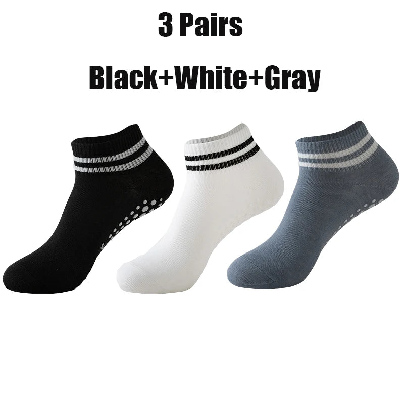 3 Pairs Yoga Socks for Women Non Slip Pilates Grip Socks with Double Stripes Ankle Sport Workout Ballet Athletic Socks
