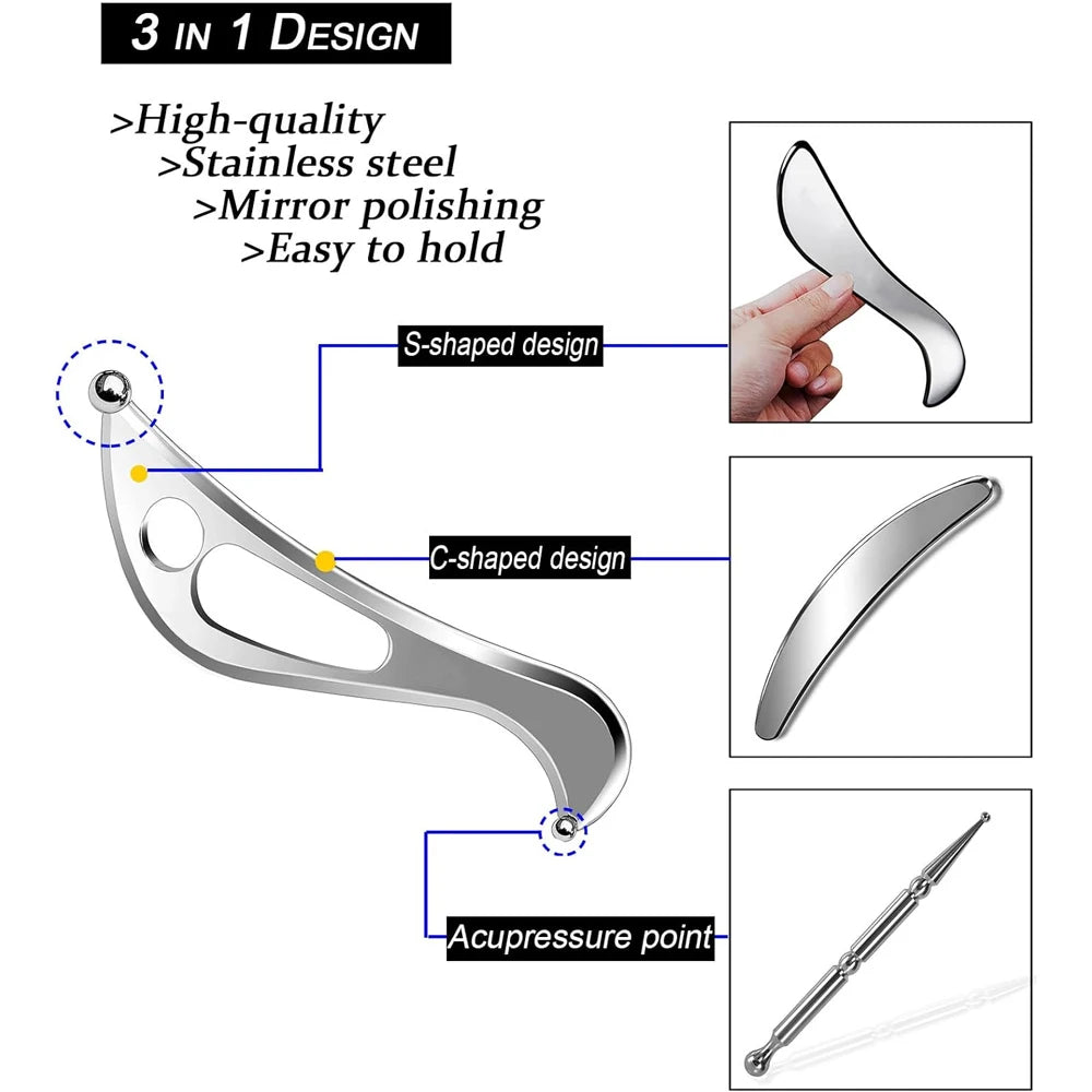 Stainless Steel Muscle Scraper Massage Tools Set, Gua Sha IASTM Tool for Deep Tissue Scraping, Myofascial Release Tool