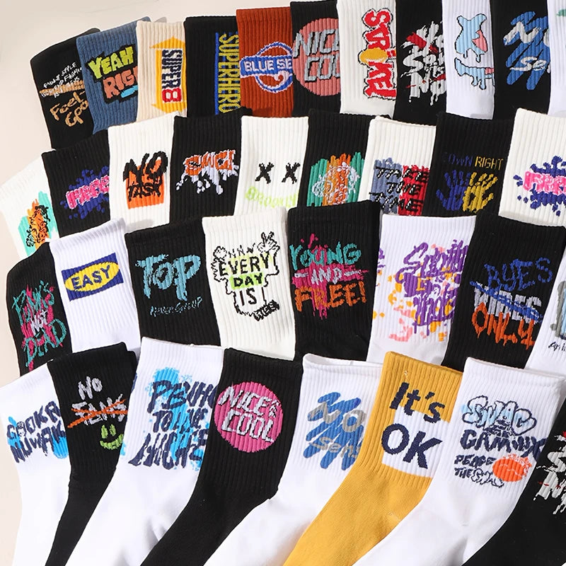 5 Pairs/10 Pairs Four Season Unisex Personalized Creative Trendy Cool Letters Versatile Street Hip-Hop Long Tube Sports Socks