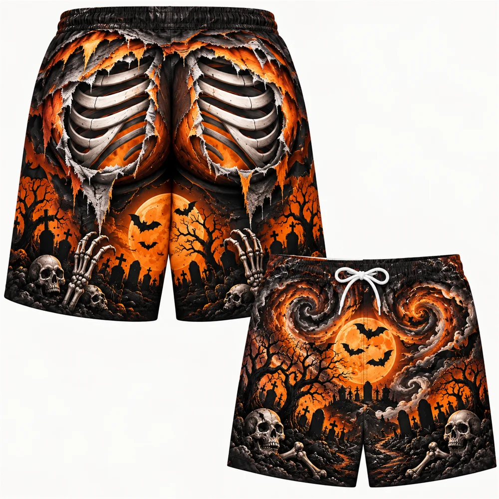 2026 Funny Halloween Fake Buttocks Board Shorts For Men 3D Jack O Lantern Print Loose Shorts Beach Elastic Waist Holiday Wear