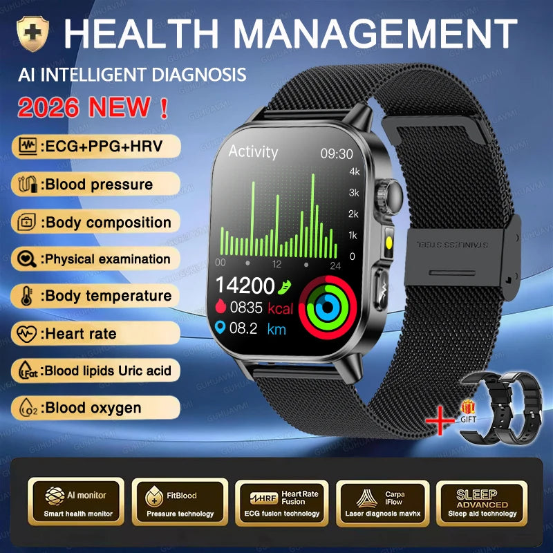 Nursing Grade New ECG+PPG Three High Diagnose Smart Watch Men Blood Lipid Blood Pressure Uric Acid Health Tracker HD Call Watche
