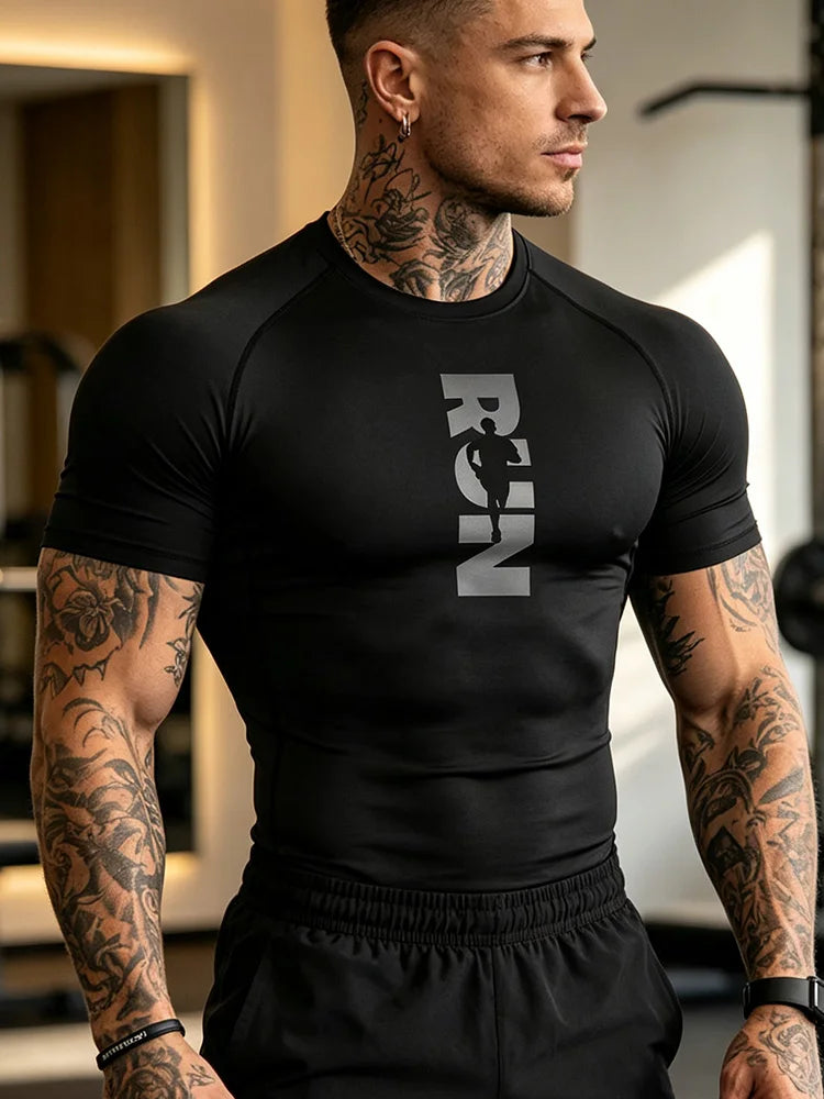 Men's and Women's Matching Short Sleeve T-Shirt with Pressed Design Printed RUN Pattern Fitness Top Suitable for Running - J34