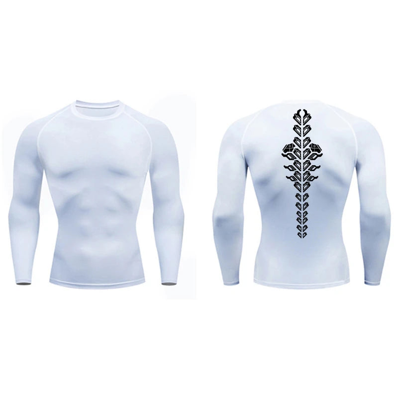 Spine Print Long Sleeve Compression Shirt for Men Athletic Quick Dry T-shirts Gym Workout Running Tees Tops Baselayer Undershirt