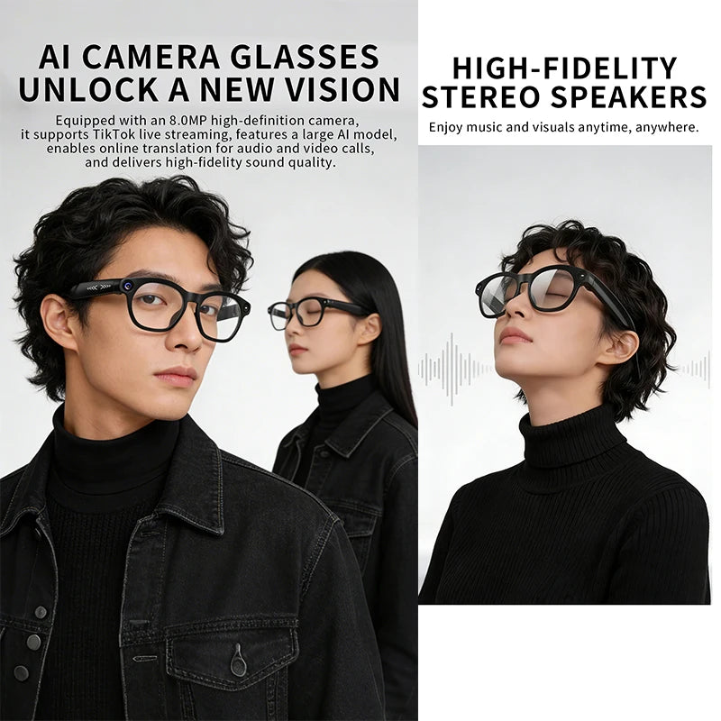 2026 Smart Glasses 800W Camera Audio&Video 1080P Online Translation Call Voice Assistant Intelligent Q&A 290mAh Smart Glasses