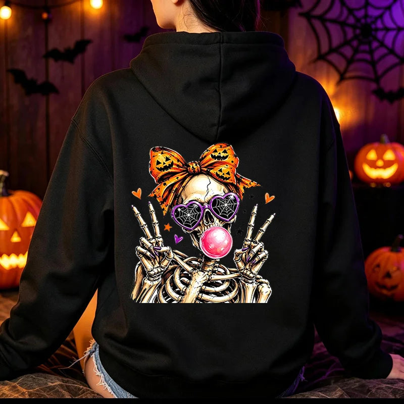 Funny Cute-Skeleton-Halloween Hoodie Skeleton Men Women Vintage Horror Graphic Pullover Sweatshirt Spooky Season Hoodies Gifts