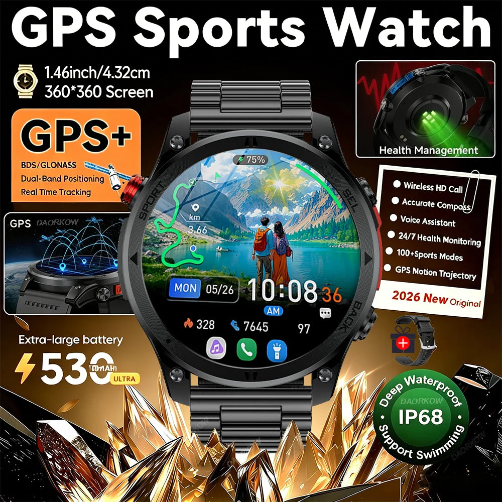 Gold Smartwatch for Men: 1.46-Inch AMOLED Screen, LED Flashlight, 560mAh Battery, 10ATM Waterproof, Bluetooth Call Smartwatch
