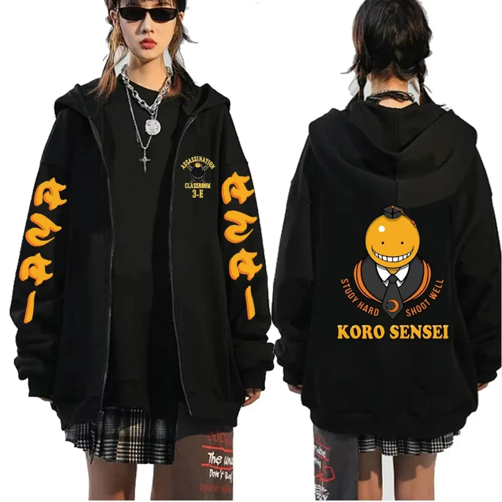 Anime Manga Assassination Classroom Koro Sensei Printed Men and Women Hoodies Cartoon Long Sleeve Zip Up Jacket Coats Sweatshirt