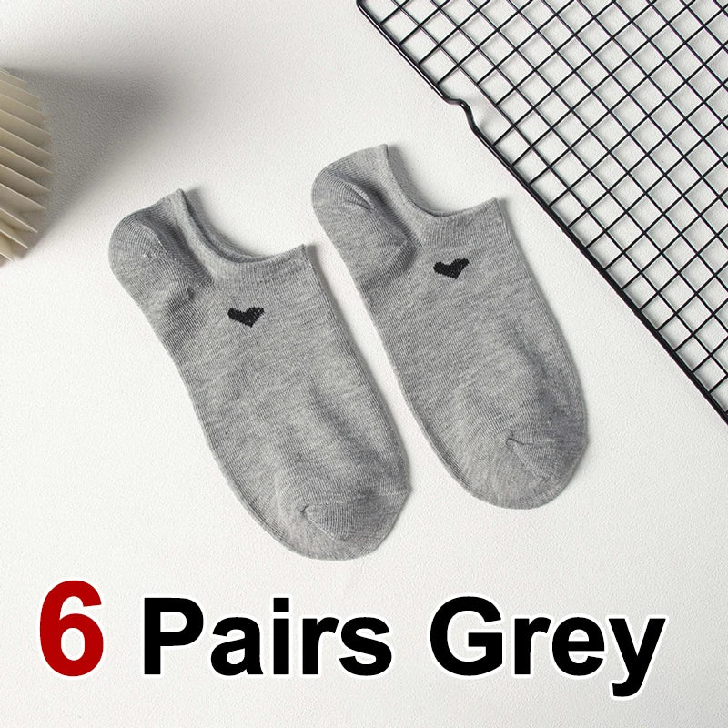 6/12 Pairs Solid Color Heart-Shaped Printed Women Short Socks Summer Breathable Soft Comfortable Simple Style Casual Socks