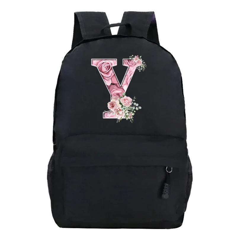 Pink Rose Alphabet Backpack Black Casual Women Aesthetics Rucksack Teenage Girl Boy Flower Letter School Bag Student Mochilas