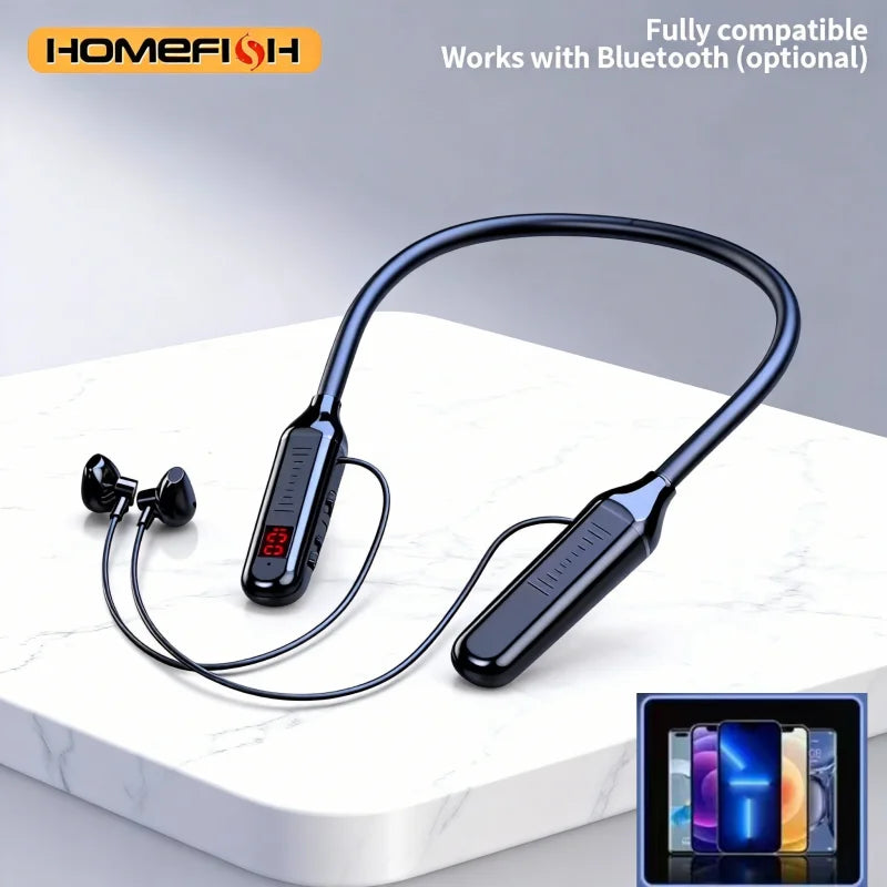 Wireless BT Neckband Headphones with Digital Display Function, Large-Capacity Semi-In-Ear Sports Stereo Headphones