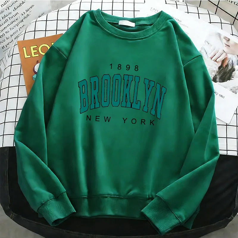 Womens Hoodies Fashion Y2k 1898 BROOKLYN NEW YORK Fleece Sweatshirt Soft Casual O-Neck Pullover Casual Female Clothes