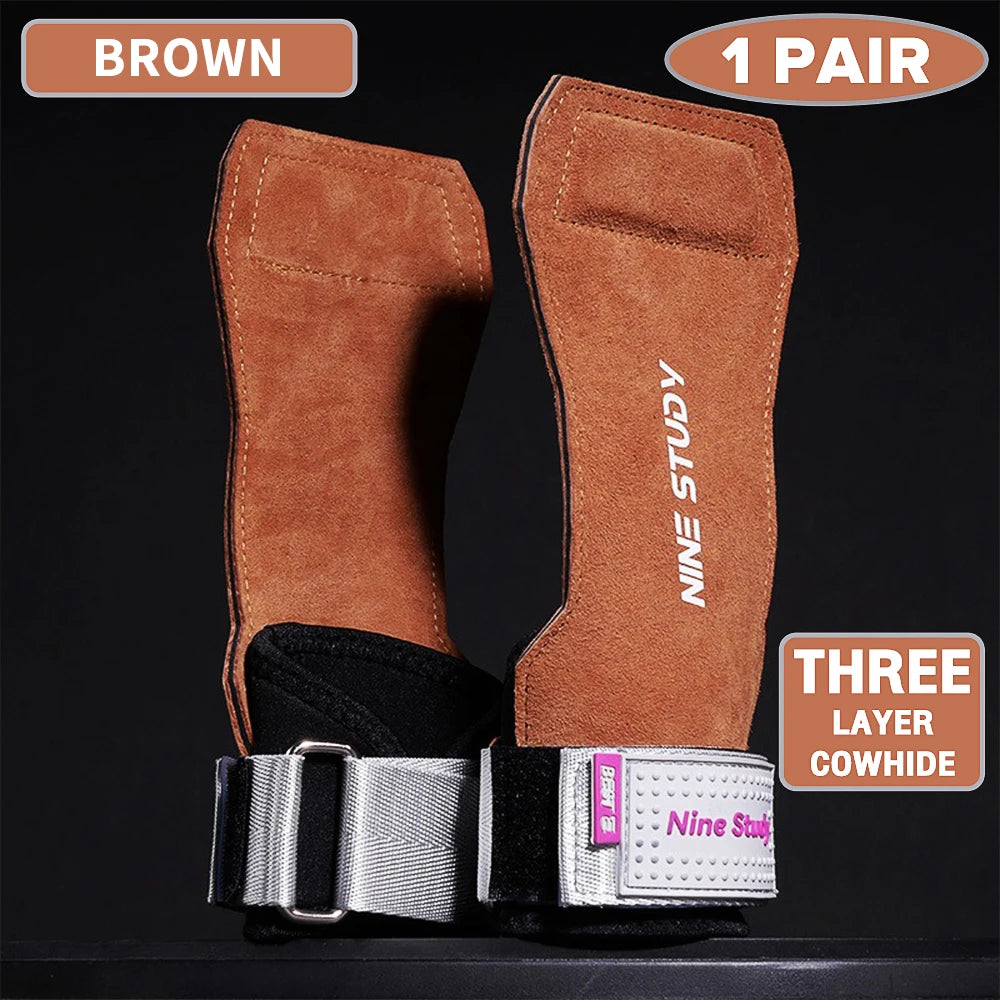 1 Pair Premium Anti-Slip Wrist Wrap Lifting Straps Grips Fitness Gloves for Gym Training Deadlifting 3 Layer Leather