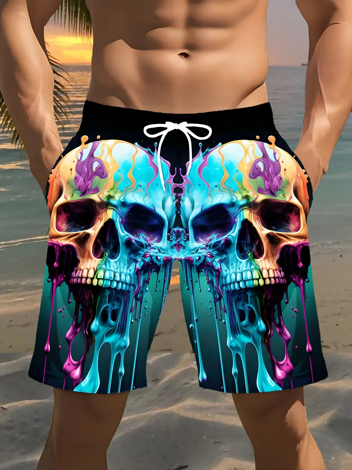 Men's Fashion Skull Man Pattern Digital 3D Printing Men's Casual Drawstring Shorts with Pockets Suitable for Summer Leisure