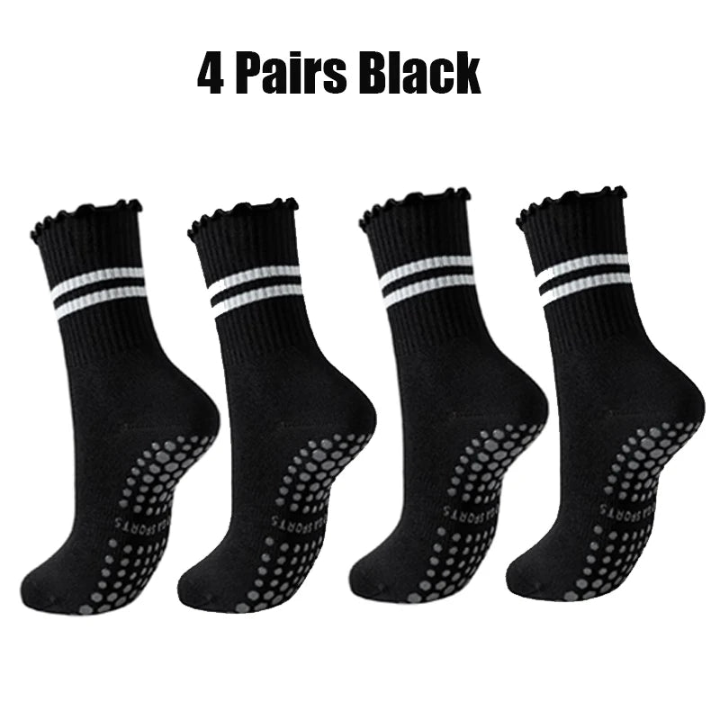 4 Pairs Yoga Socks for Women Cotton Breathable Mid Tube Anti Slip Pilates Socks Stripe Floor Sports Grip Socks