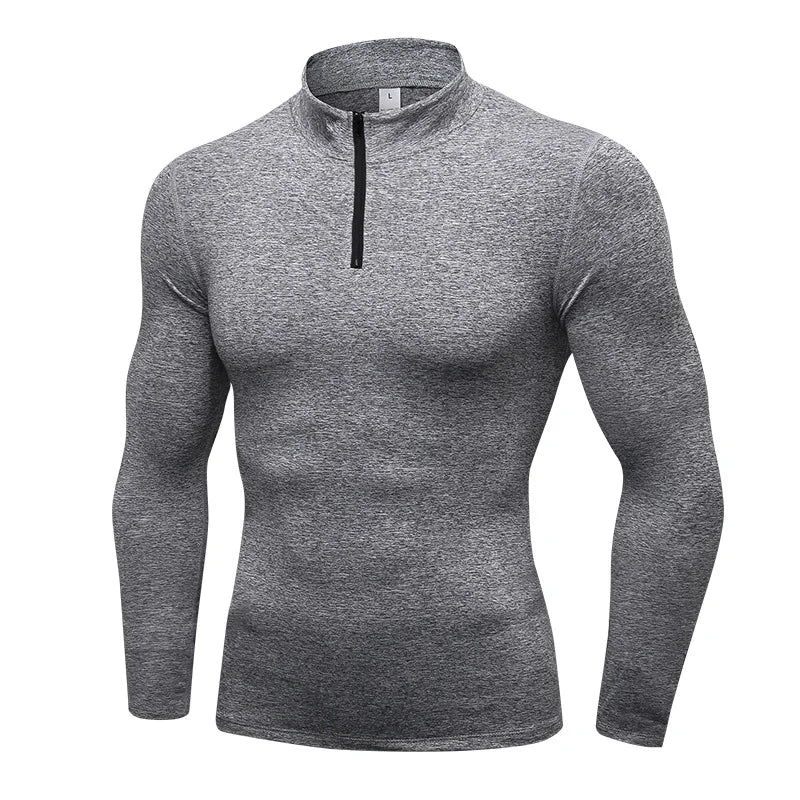Winter Fleece Men's Fitness Running Training Long-Sleeved Elastic Warm Tight Stand-Up Collar Hoodie Zipper Compression Shirt