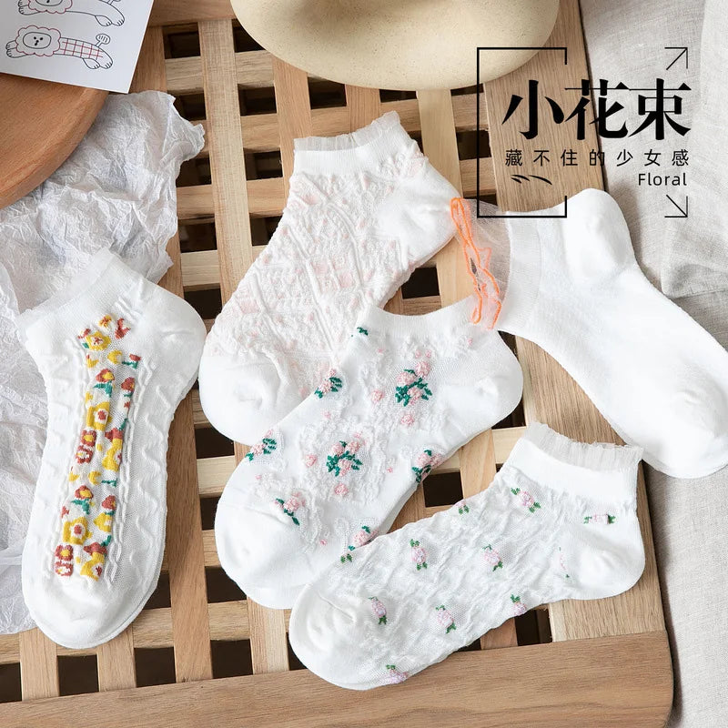 5 Pairs Socks Womens Summer Autumn Socks Women Quality Cotton Cute Set Japanese Style Sports Fashion Short Ankle Socks Harajuku