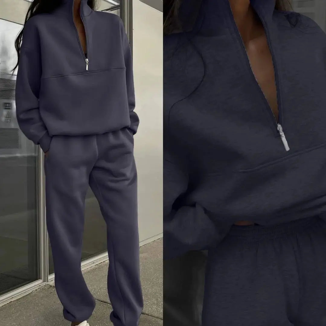FSMG Casual Half High Neck Tracksuit Solid Long Sleeve Zippers Pullovers+Elastic Waist Pant 2 Piece Set Female Sport Outifits