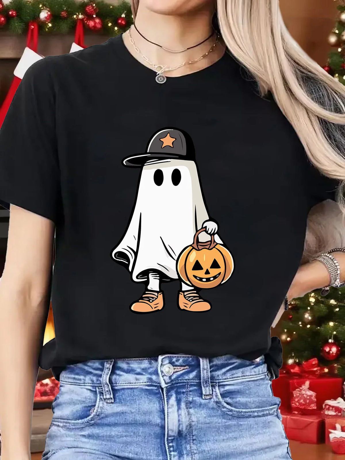 Cute Ghost Cap Pumpkin Basket Womens Crew Neck Short Sleeve T Shirt Halloween Cartoon Spooky Casual Graphic Tees For Ladies
