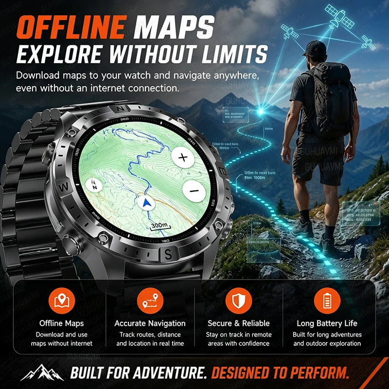 2026New Military Built-in GPS Offline Map Smart Watch AMOLED HD BT Call Compass Flashlight 3ATM Waterproof Men Sports Smartwatch