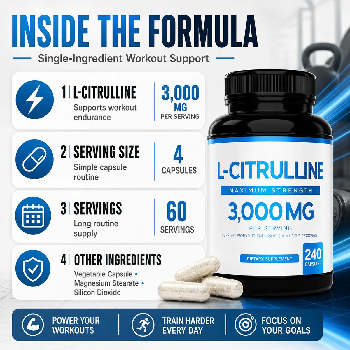 L-Citrulline 3000mg Supplement for Men & Women Vegan Amino Acid Sports Support for Workout Pump Muscle Recovery 60 Servings