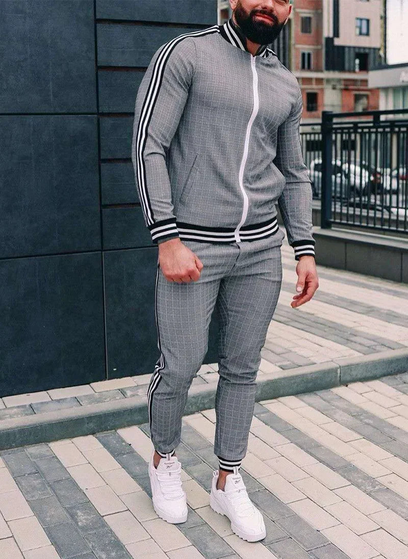 2-piece Autumn Winter New Men's Sports Set Clothes for Man Tracksuit Sport Checkered Zipper Sports Shirt Running Jogging Clothes