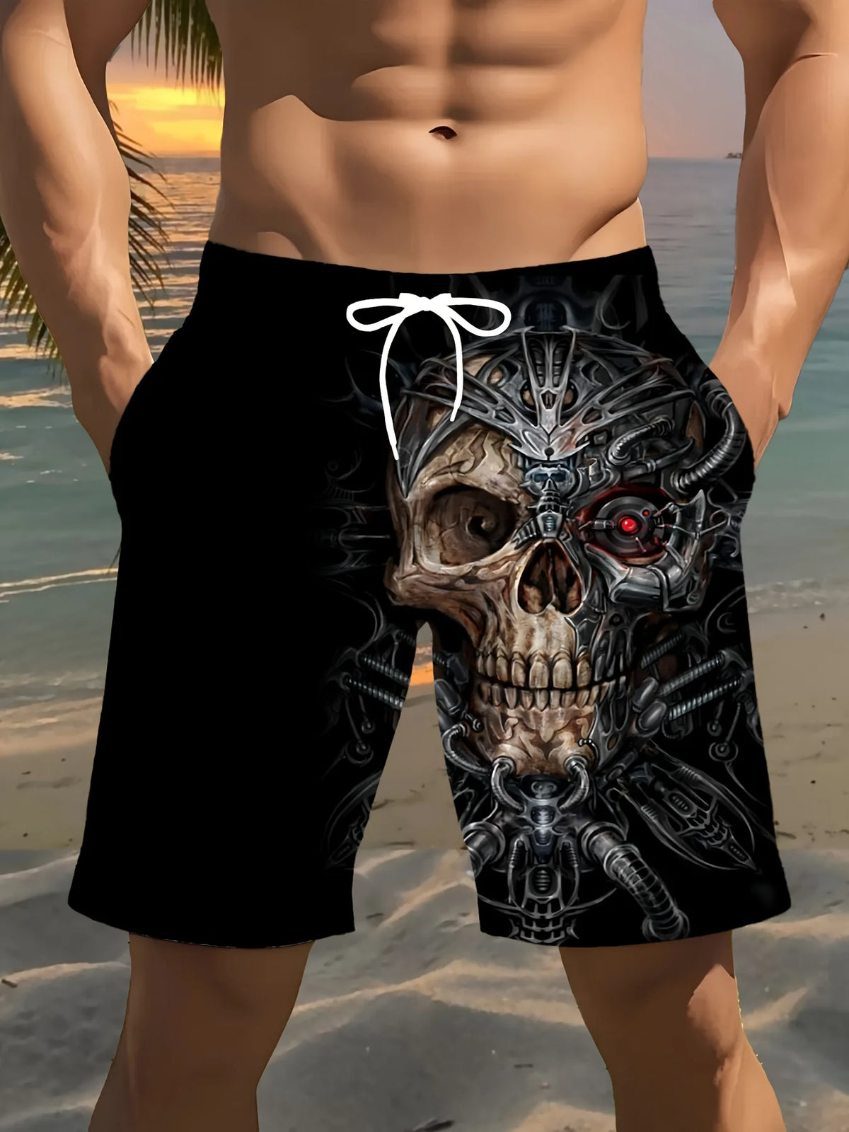 Men's Fashion Skull Man Pattern Digital 3D Printing Men's Casual Drawstring Shorts with Pockets Suitable for Summer Leisure