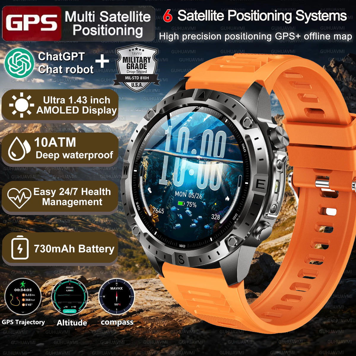 2026New Tank Grade Built in GPS SmartWatch Offline Map 10ATM Swim 2GB Music Compass Bluetooth Call Fitness Sports Smartwatch Men