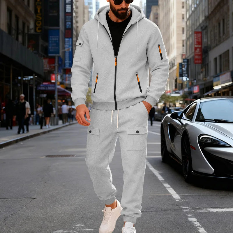 Autumn and Winter Men's Velvet Loose Casual Tooling Outdoor Sports Fashion Hooded Sweater Set