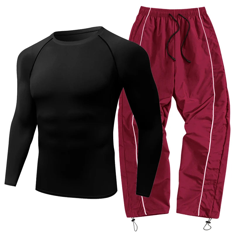 Mens Spring Fall Athletic 2 Piece Set Gym Workout Running Sportswear Long Sleeve Compression Shirt Pants Trousers Sweatpants