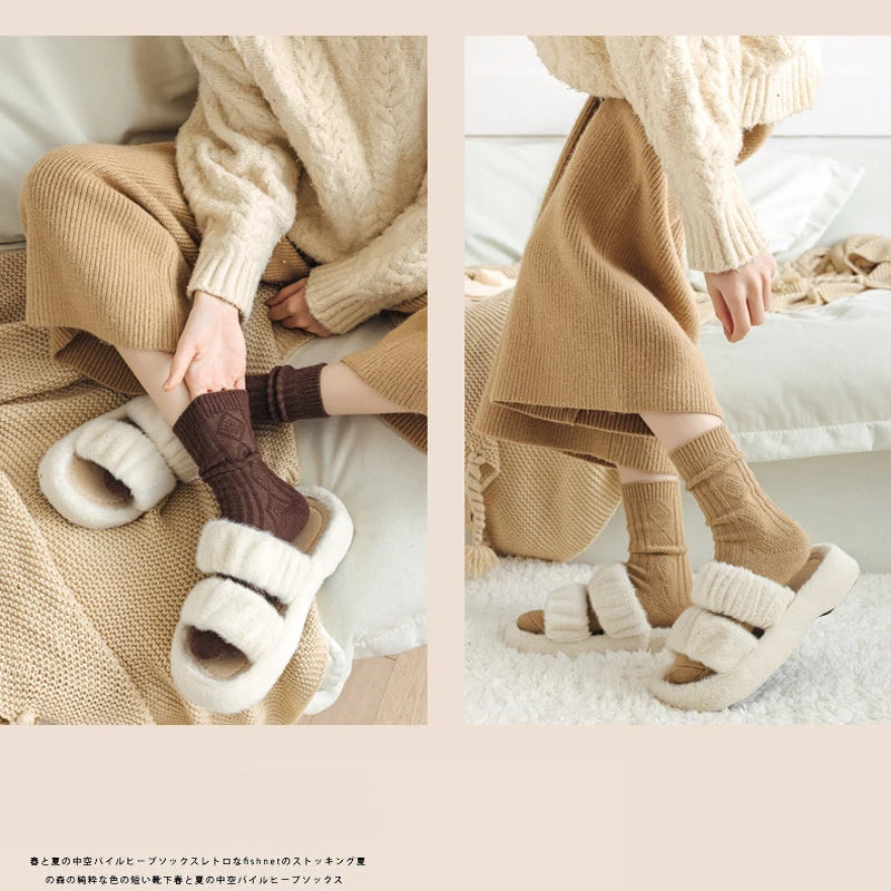 2 Pairs Cashmere Socks Wool Women's Boot Socks Diamond Check Thicken Warm Mid Tube Thermal Fashion Solid Simple Snow Socks