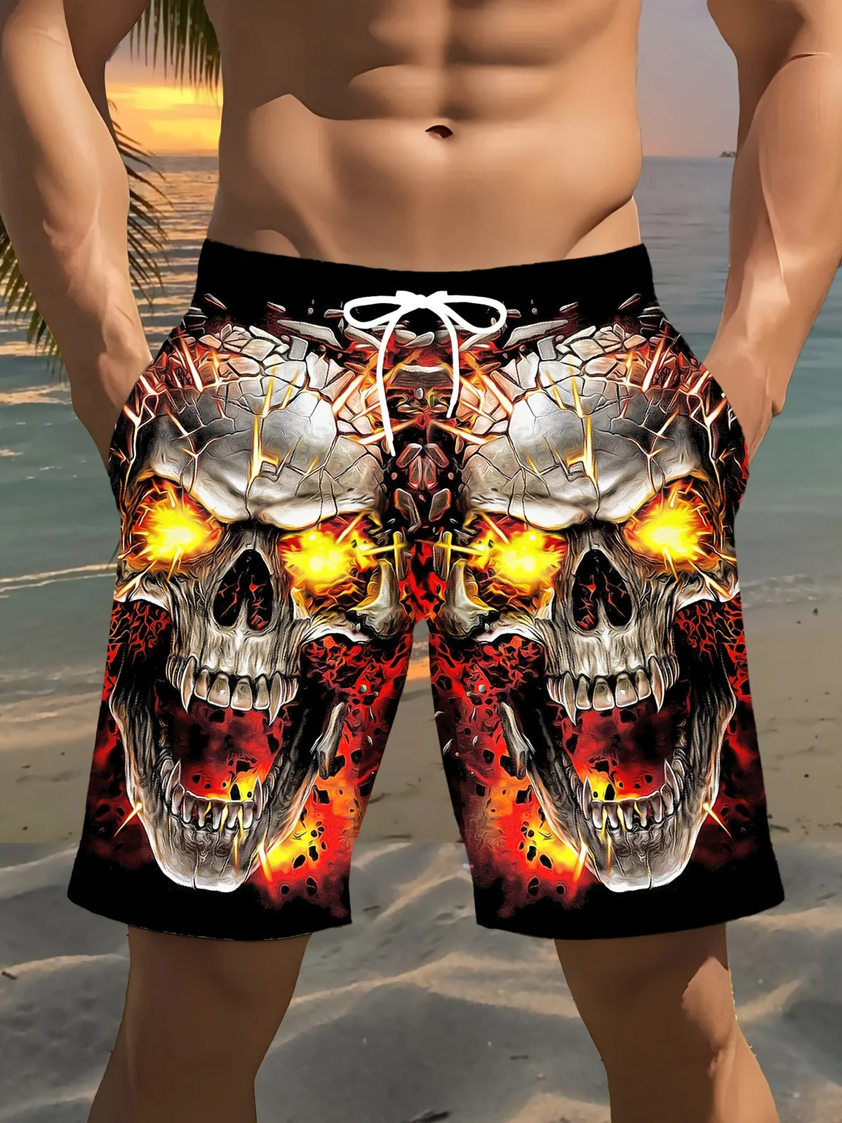 Men's Fashion Skull Man Pattern Digital 3D Printing Men's Casual Drawstring Shorts with Pockets Suitable for Summer Leisure