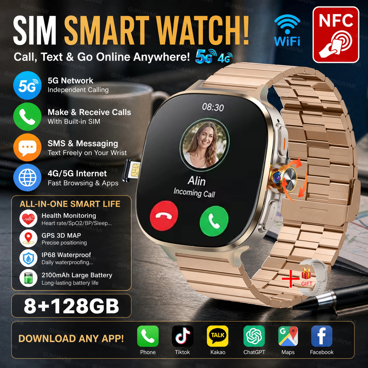 2026 New 5G/4G Smart Watch 8+128GB SIM WiFi GPS Google Maps HD Camera Video Call AI Assistant Google Play Smart Watch Men Lady