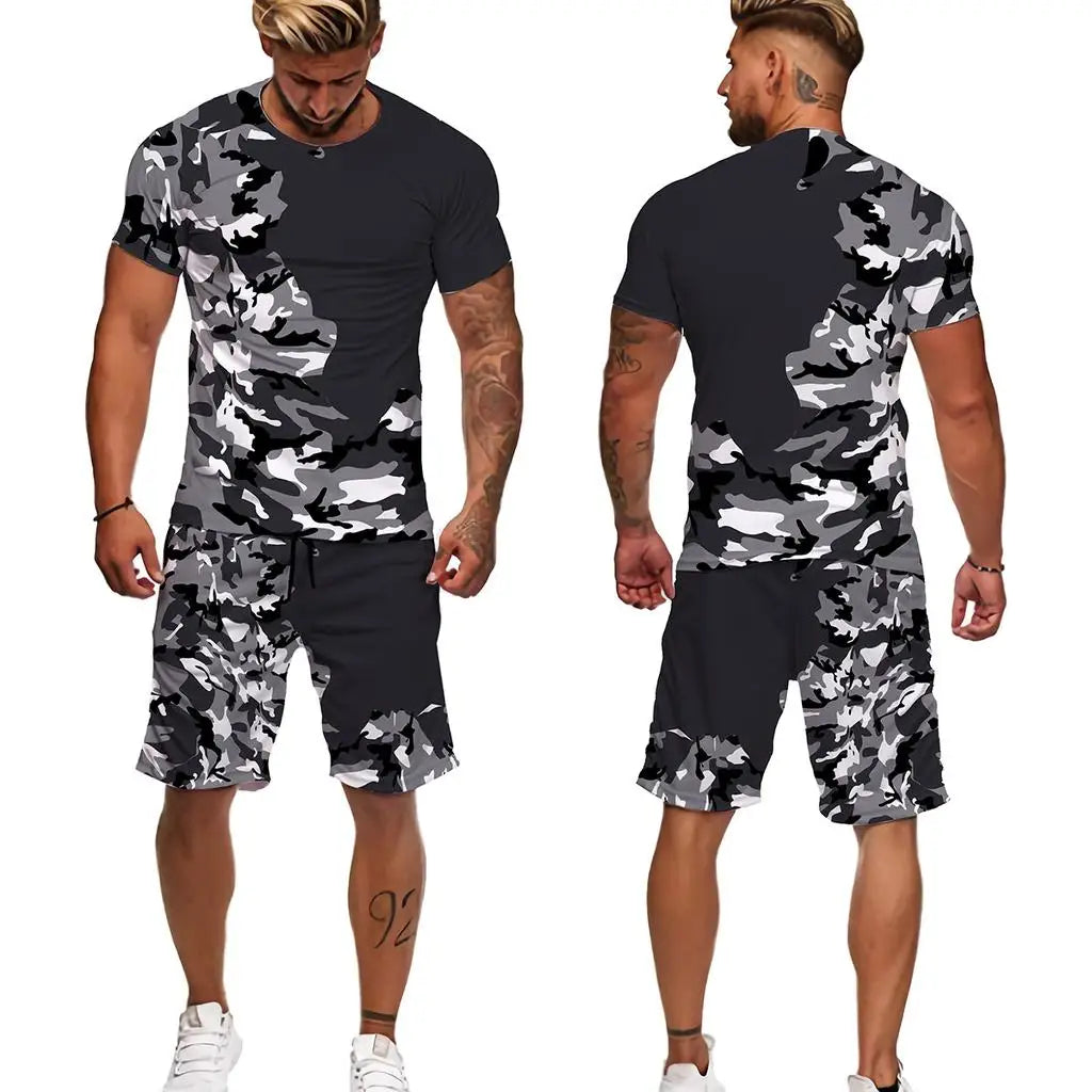 Summer Men Camouflage T shirt Set 3D Print Men's Tracksuit Suit Outdoor Camping Hunting Oversized Casual Tee Shorts 2PCS Outfits