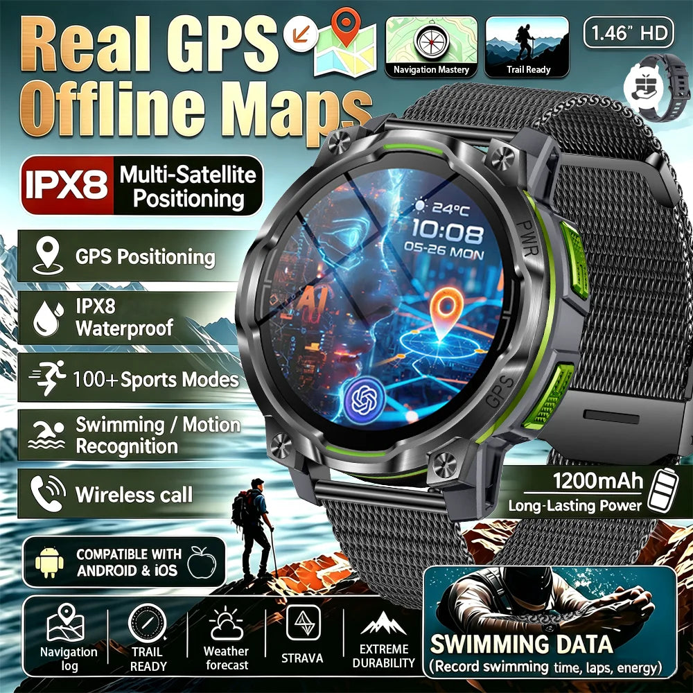 New Outdoor GPS Offline Map Smart Watch Men IPX8 Waterproof 100+ Sports LED Compass Altimeter AMOLED Bluetooth Call Smartwatch
