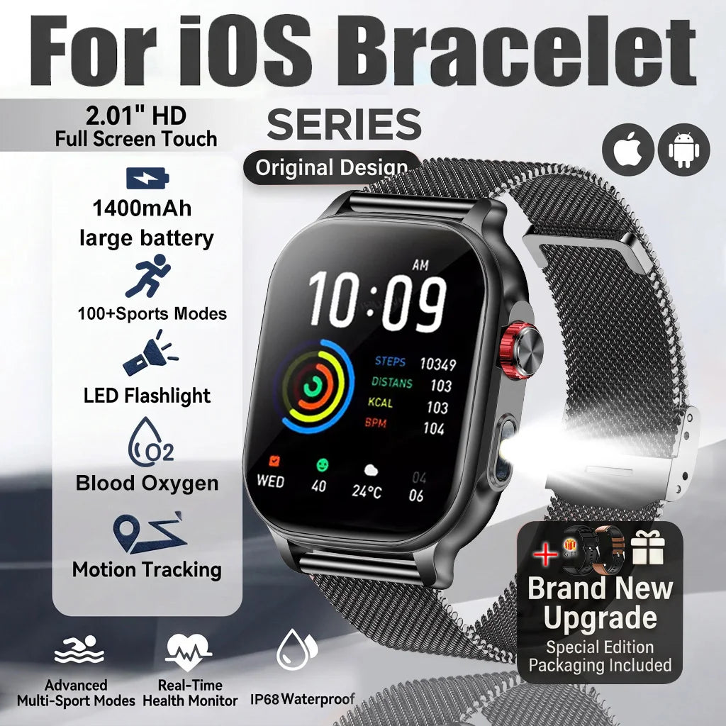 New1400mAh Large Battery Smart Watch 5ATM Waterproof LED Flashlight 100+ Sports Modes Heart Rate Fitness Tracker Men Smart Watch