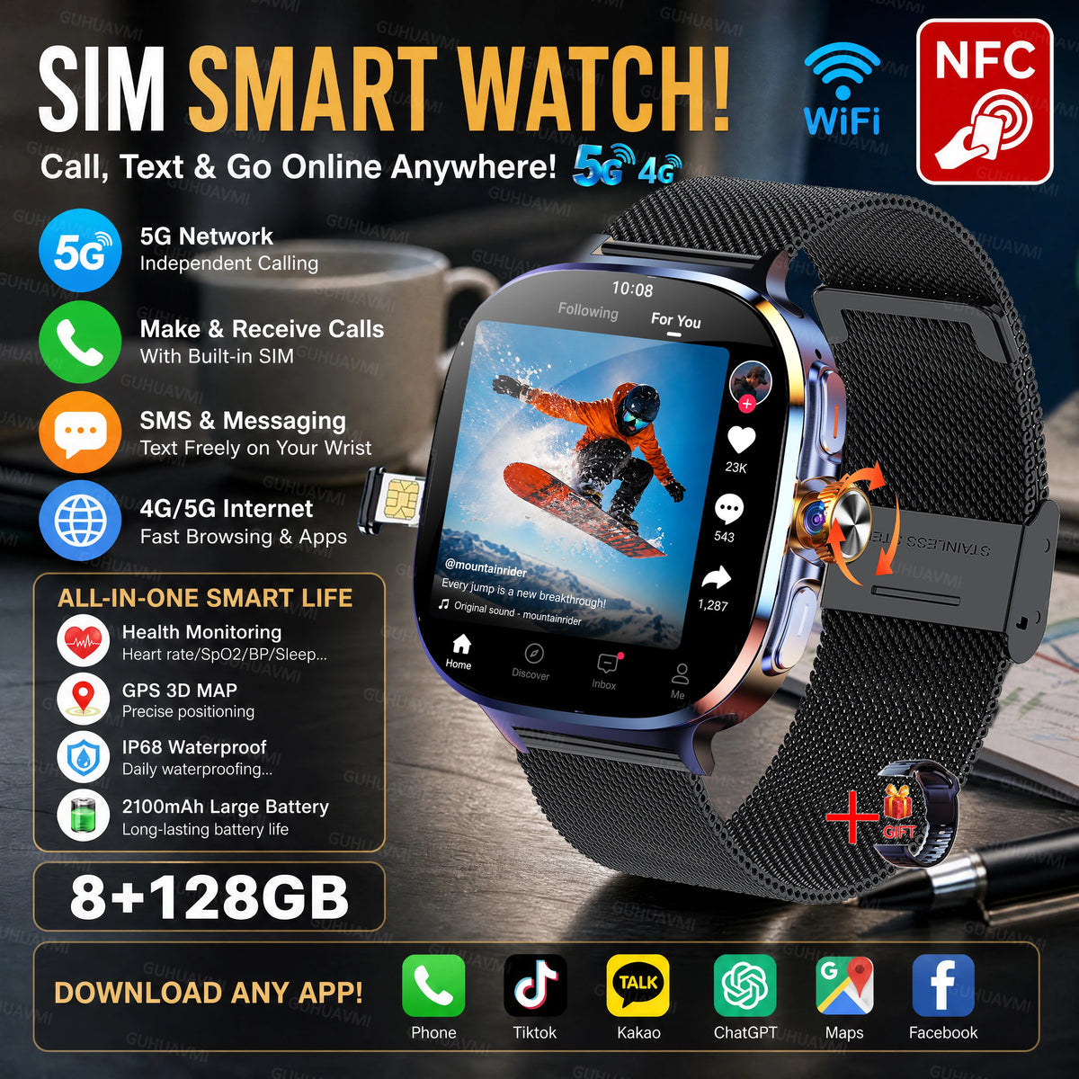 2026 New 5G/4G Smart Watch 8+128GB SIM WiFi GPS Google Maps HD Camera Video Call AI Assistant Google Play Smart Watch Men Lady