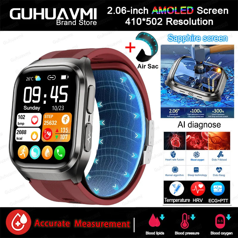 2026 New Upgrade AI Diagnostic Airbag Precise Blood Pressure Health SmartWatch Uric Acid ECG Blood Lipids Smartwatch Men Women